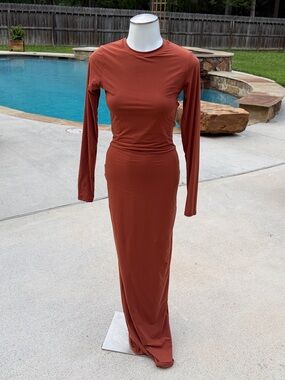 Skims Long Sleeve Slim Maxi Dress in Rust Medium